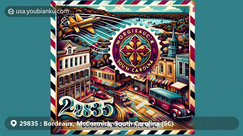 Modern illustration of Bordeaux, McCormick, South Carolina, showcasing postal theme with ZIP code 29835, featuring vintage-style air mail envelope and Huguenot Cross stamp, capturing downtown charm and natural beauty.