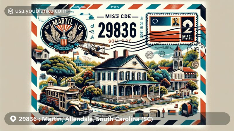 Vintage-style illustration of ZIP Code 29836 for Martin, Allendale County, South Carolina, featuring Cedar Grove Plantation and Historic Downtown Allendale, highlighting Southern architecture and small-town charm.