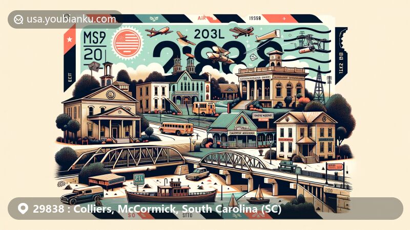Modern illustration of Colliers and McCormick, South Carolina, featuring postal theme with ZIP code 29838, showcasing Guillebeau House, Otway Henderson House, Hopewell Rosenwald School, Hotel Keturah, McCormick County Courthouse, downtown scenes, Stevens Creek Bridge, and postal elements.