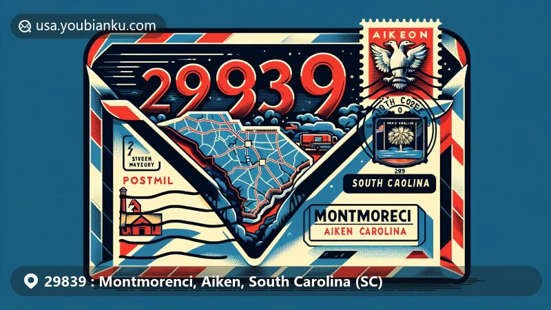 Vibrant illustration of Montmorenci area, Aiken County, South Carolina, designed as a vintage airmail envelope with ZIP code 29839, showcasing South Carolina map and state flag.