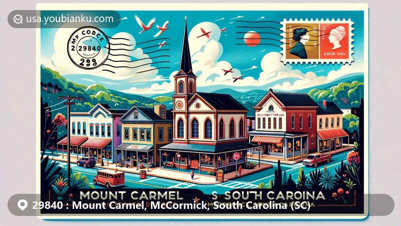 Modern illustration of Mount Carmel, McCormick County, South Carolina, featuring ZIP code 29840 and historic district with Mount Carmel Presbyterian Church and vintage postal elements.