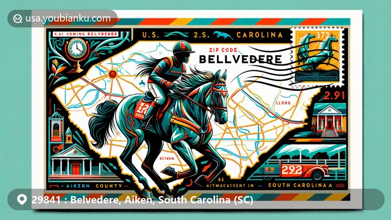 Modern illustration of Belvedere, Aiken County, South Carolina, featuring a creatively designed postcard theme with equestrian elements, local landmarks, and postal symbols.