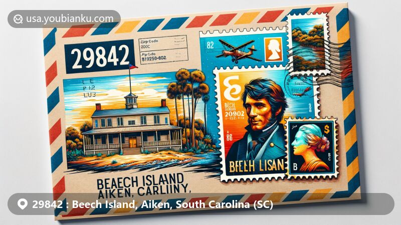Modern illustration of Beech Island, Aiken County, South Carolina, featuring air mail envelope with ZIP code 29842, showcasing Redcliffe Plantation State Historic Site and James Brown tribute stamp.