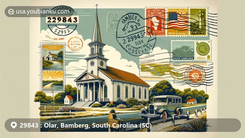 Vintage-style illustration of Olar, Bamberg County, South Carolina, featuring Mizpah Methodist Church and postal elements, set against a picturesque landscape.