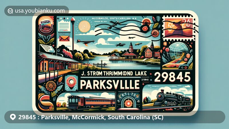 Vintage-style illustration of Parksville, McCormick County, South Carolina, featuring ZIP code 29845 and J. Strom Thurmond Lake, with a nod to the town's railway history.