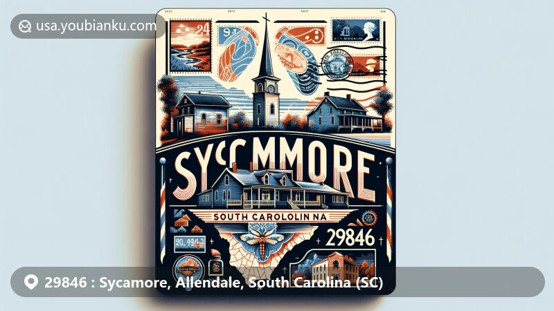 Modern illustration of Sycamore, Allendale County, South Carolina, featuring a vintage airmail envelope with ZIP code 29846, adorned with stamps and postmarks, showcasing local landmarks like Sycamore Plantation and St. Nicholas Church.