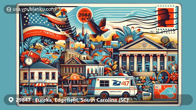Modern illustration of Trenton, Edgefield County, South Carolina, depicting ZIP Code 29847 area with town square, historic architecture, Edgefield pottery, state flag, and postal elements in a vibrant postcard style.