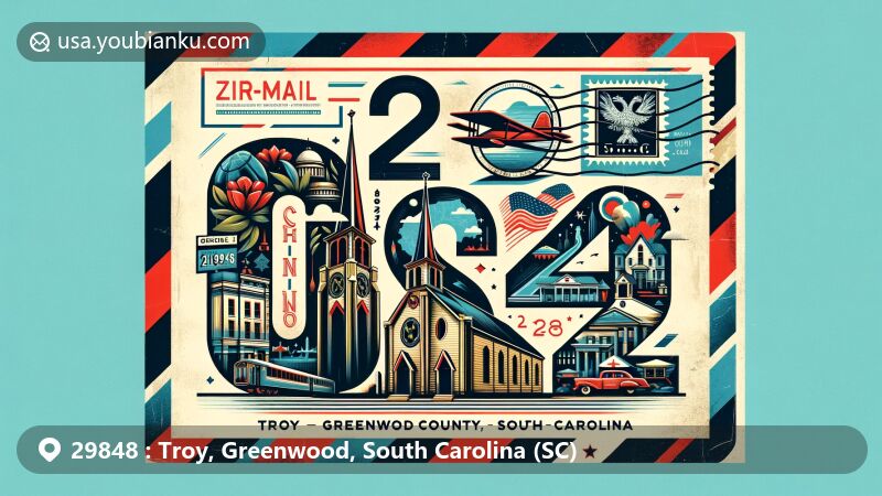Vintage-style airmail envelope design for ZIP Code 29848, Troy in Greenwood County, South Carolina, featuring prominent number display, Troy ARP Church, local landmarks, and cultural symbols.