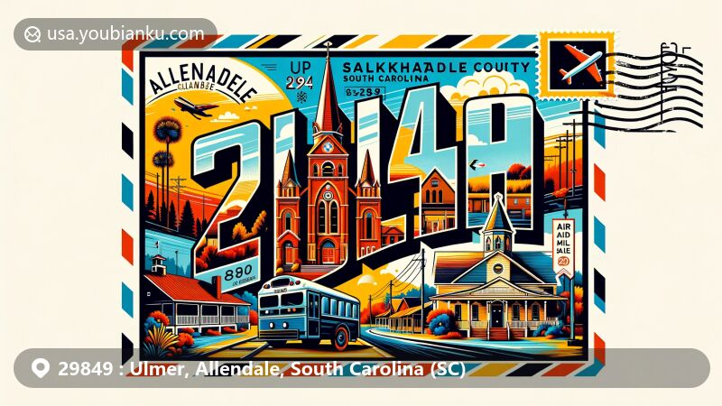 Modern illustration of Ulmer, Allendale, South Carolina, showcasing postal theme with ZIP code 29849, featuring key landmarks like Allendale historic downtown, Salkehatchie Baptist Church, and Allendale County Courthouse.