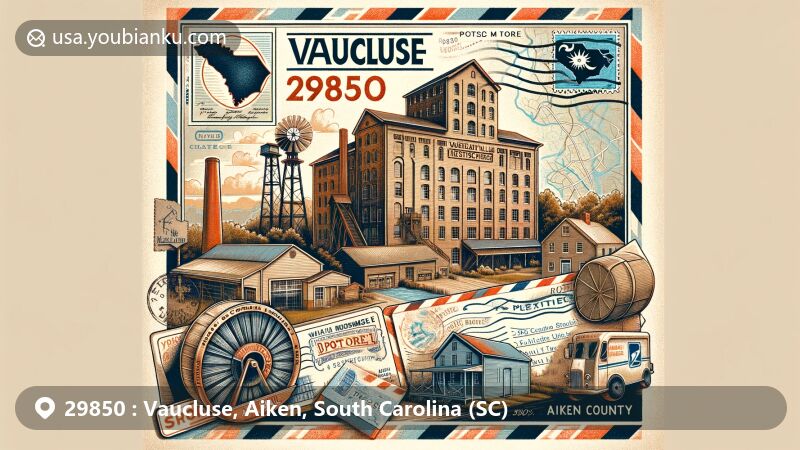 Modern illustration of Vaucluse, Aiken County, South Carolina, featuring vintage postcard with Vaucluse Mill Village Historic District, SC state flag stamp, and postal elements, set against faint map of Aiken County.
