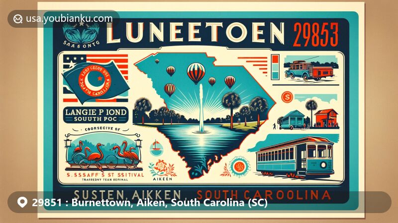 Modern illustration of ZIP code 29851 for Burnettown in Aiken County, South Carolina, resembling a vintage postcard with Langley Pond at the center, Sassafras Festival elements, South Carolina state outline, and historic trolley motif.