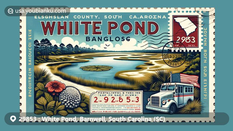 Modern illustration of White Pond area in ZIP Code 29853, Barnwell County, South Carolina, featuring scenic White Pond, longleaf pine, British Soldier's Lichen, vintage postage stamp, postal mark, and South Carolina flag elements.