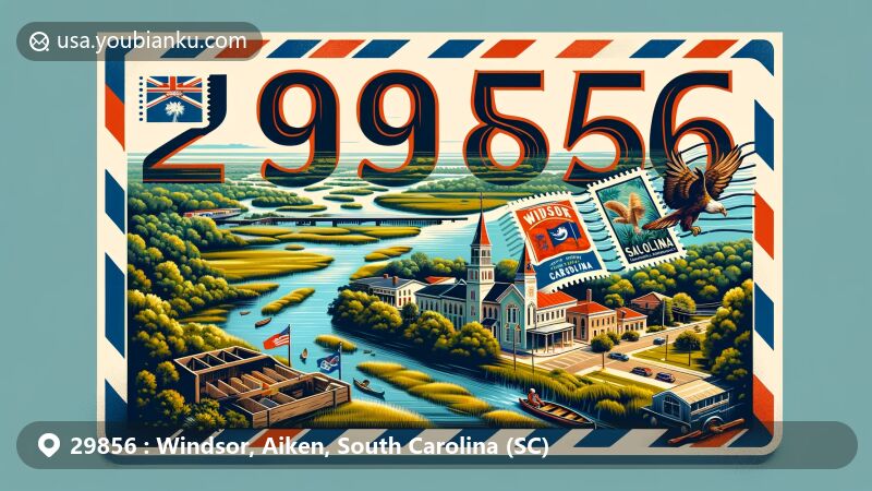 Modern illustration of Windsor, Aiken County, South Carolina, featuring a vintage airmail envelope with ZIP code 29856 and South Carolina flag postage stamp, showcasing the town's greenery, marshlands, and historic landmarks like Old Post Office Museum and Old St. Paul’s Episcopal Church.