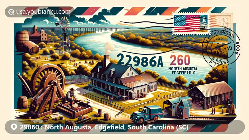 Modern illustration of North Augusta, Edgefield, South Carolina, showcasing Living History Park with 1700s village structures and Savannah River view, featuring South Carolina flag and airmail theme with postal elements.
