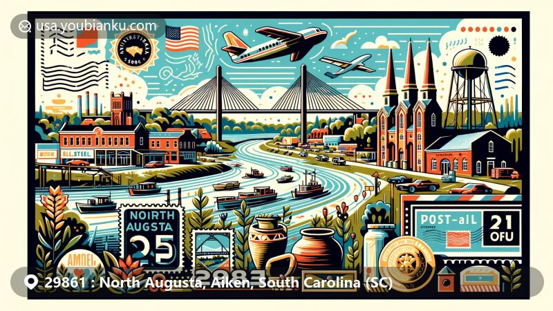 Modern illustration of North Augusta, Aiken County, South Carolina, with postal theme reminiscent of a postcard or airmail envelope, featuring Thirteenth Street Bridge, historic pottery industry, and Savannah River.