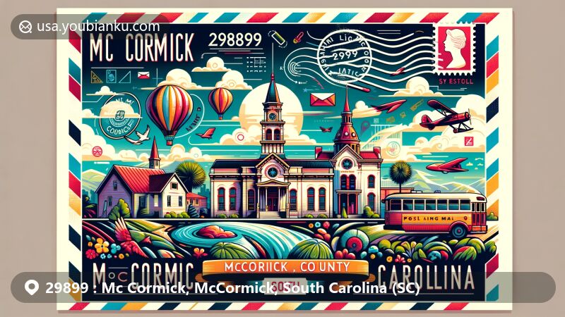 Modern illustration of McCormick, McCormick County, South Carolina, showcasing postal theme with ZIP code 29899, featuring local architecture, cultural symbols, and typical natural scenery of the area.