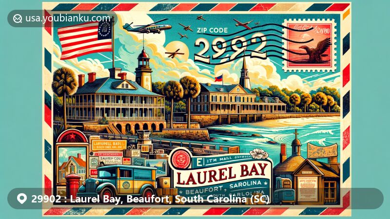 Vibrant illustration of Laurel Bay, Beaufort, South Carolina, featuring retro postcard design with Laurel Bay Plantation, Old Sheldon Church, Chapel of Ease, and Hunting Island Lighthouse, adorned with SC state flag and postal elements.