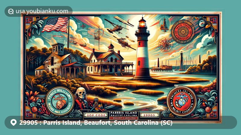Modern illustration of Parris Island, Beaufort, South Carolina, showcasing iconic Hunting Island Lighthouse and ruins of Prince William's Parish Church, with elements representing Parris Island Marine Corps Recruit Depot and Lowcountry environment.