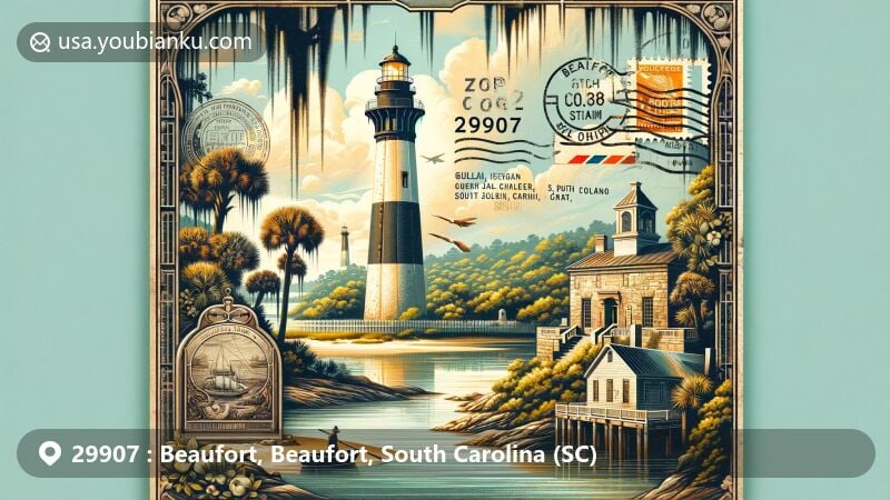 Modern illustration of Beaufort, South Carolina, with ZIP code 29907, featuring Hunting Island Lighthouse on a vintage-style postcard with postal details, surrounded by Beaufort's landmarks, history, and Gullah culture, against the backdrop of Spanish Moss Trail and Beaufort River.