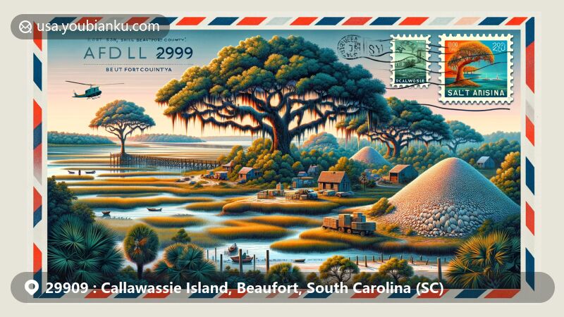 Modern illustration of Callawassie Island, Beaufort County, South Carolina, designed as wide airmail envelope with ZIP code 29909, featuring live oaks, palmettos, salt marsh ecosystem, 'middens', tabby structures, and postal symbols.