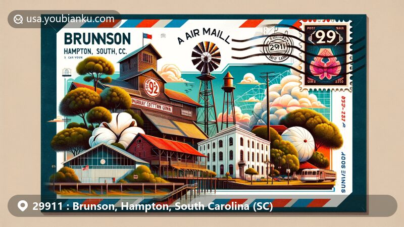 Modern illustration of Brunson, Hampton, South Carolina, inspired by postal theme with ZIP code 29911, featuring local landmarks including Old Murray Cotton Ginn and Brunson Museum, highlighting town's history and natural beauty.