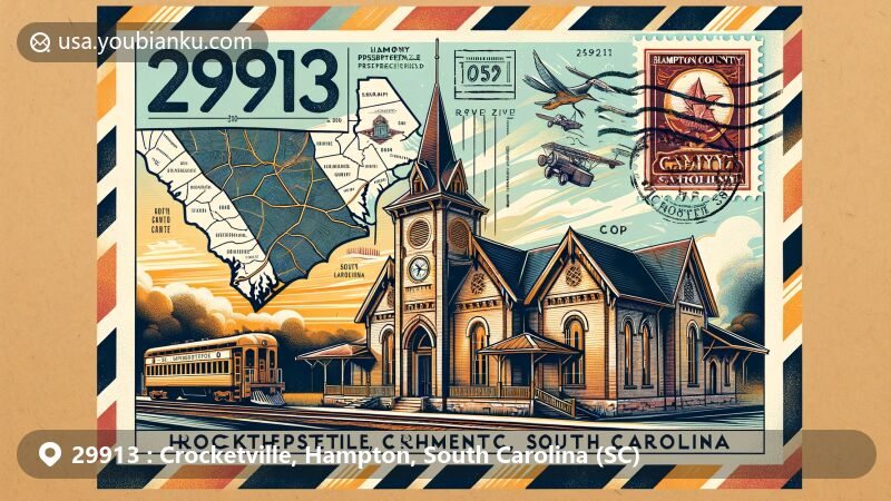 Modern illustration of Crocketville, Hampton County, South Carolina, with postal theme and historic landmarks including Harmony Presbyterian Church and Miley Train Depot.