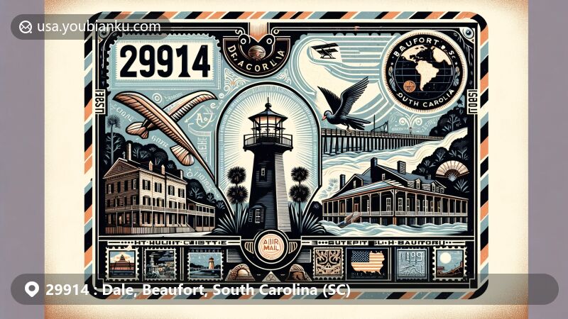 Modern illustration of Dale, Beaufort, South Carolina, with a postal theme based on airmail envelope, showcasing ZIP code 29914, featuring iconic landmarks like Hunting Island Lighthouse, Beaufort Historic District, and elements of Gullah culture.
