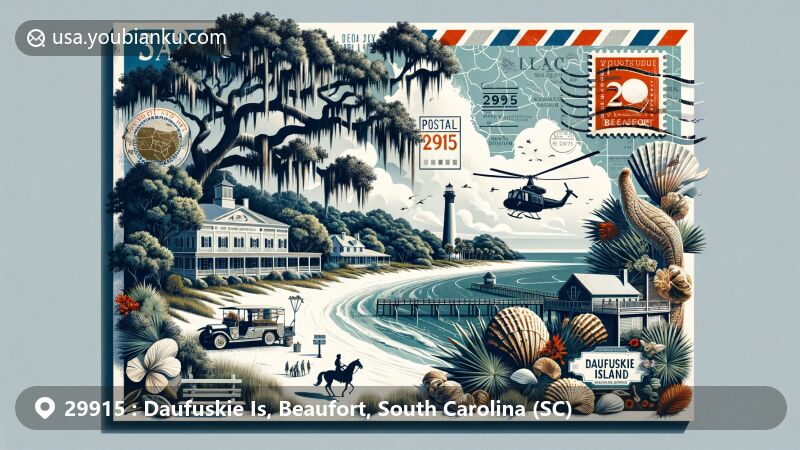 Modern illustration of Daufuskie Island, Beaufort County, South Carolina, featuring ZIP Code 29915 and iconic island elements like lush landscapes, oak trees, Gullah culture, and lighthouses.