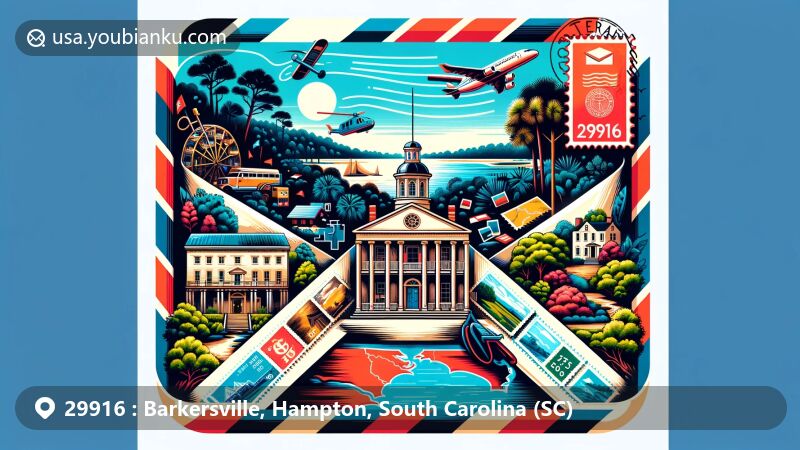 Modern illustration of Barkersville, Hampton County, South Carolina, in the form of an airmail envelope with postal elements and local attractions, including Hampton Plantation and coastal landscapes.