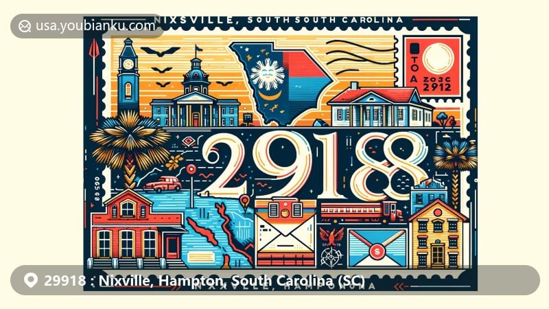 Modern illustration of Nixville, Hampton County, South Carolina, featuring state flag, map outline of Hampton County, and key landmarks, with vintage stamp and clear postal mark, highlighting ZIP code 29918.