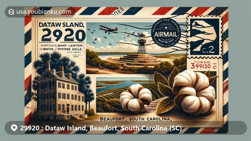 Modern illustration of Dataw Island, Beaufort, South Carolina, featuring vintage airmail envelope with Sams Plantation Ruins, Sea Island cotton, and Dataw Island map.