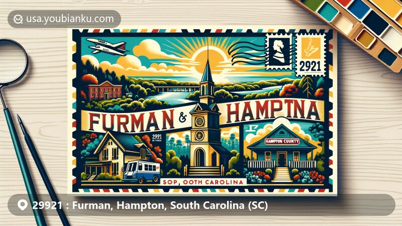 Vintage-style postcard illustration of Furman and Hampton in South Carolina with ZIP code 29921, featuring serene landscapes, traditional architecture, small community vibes, and iconic landmarks like Hampton County Courthouse.