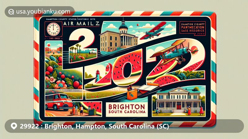 Modern illustration of ZIP Code 29922 in Brighton, Hampton, South Carolina, featuring vintage air mail envelope with bold '29922' ZIP Code, Hampton County Courthouse, Watermelon Festival, and Hampton Plantation State Historic Site.