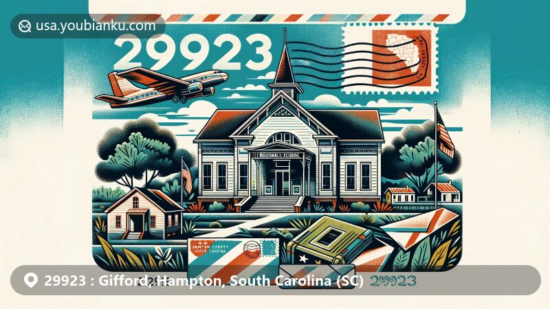 Modern illustration of Gifford, Hampton County, South Carolina, depicting Gifford Rosenwald School and local greenery, featuring Hampton County outline and South Carolina state flag, with postal elements like vintage postcard and ZIP code 29923.