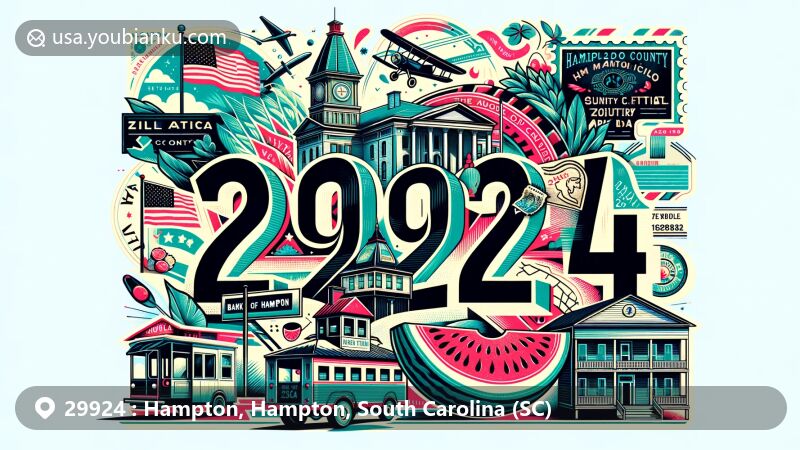 Modern illustration of Hampton, Hampton County, South Carolina, featuring ZIP code 29924, showcasing iconic elements like the historic Hampton County Courthouse, a watermelon for the Hampton County Watermelon Festival, and landmarks such as the American Legion Hut and Bank of Hampton.