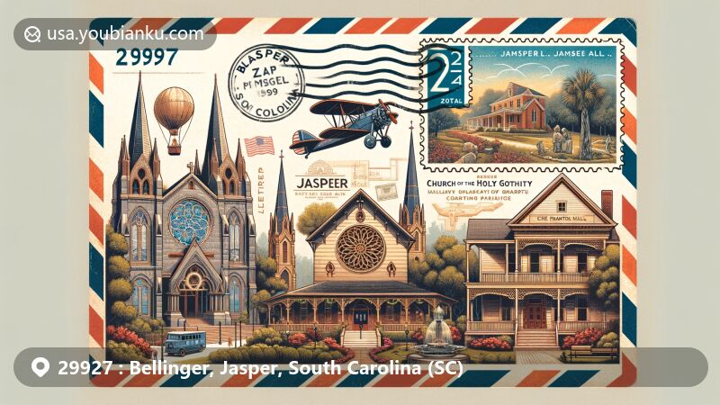 Modern illustration of Bellinger, Jasper County, South Carolina, inspired by vintage airmail envelopes, showcasing iconic landmarks like Pratt Memorial Library, Church of the Holy Trinity, Frampton House Museum, and Honey Hill Battle Site.
