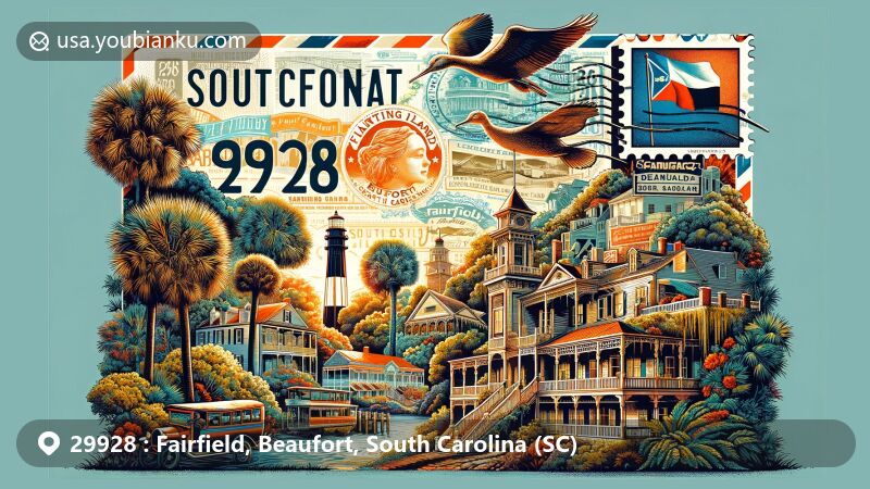 Modern illustration of ZIP Code 29928 in South Carolina, featuring vintage airmail envelope with SC state flag stamp and 'Fairfield, Beaufort' postmark, surrounded by iconic landmarks like Beaufort Historic District and Hunting Island Lighthouse.