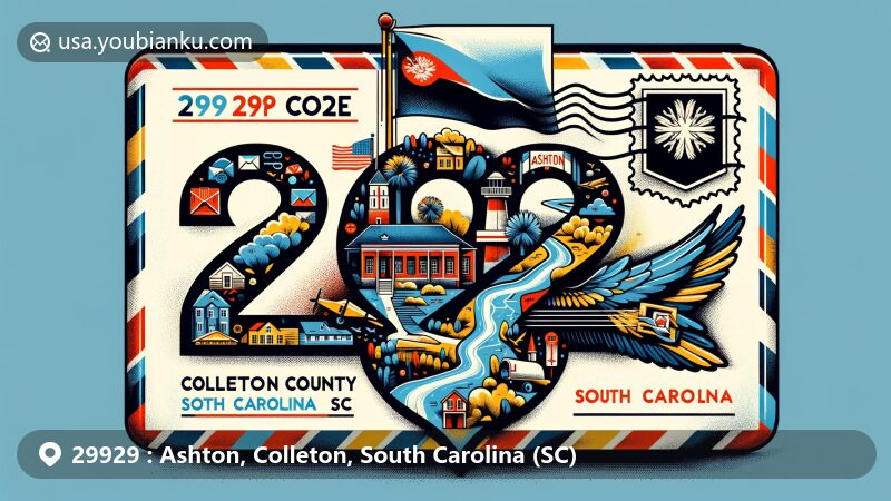 Modern illustration of Ashton, Colleton, South Carolina, showcasing postal theme with ZIP code 29929, featuring airmail envelope design with landmarks like the Edisto River and Bedon-Lucas House.