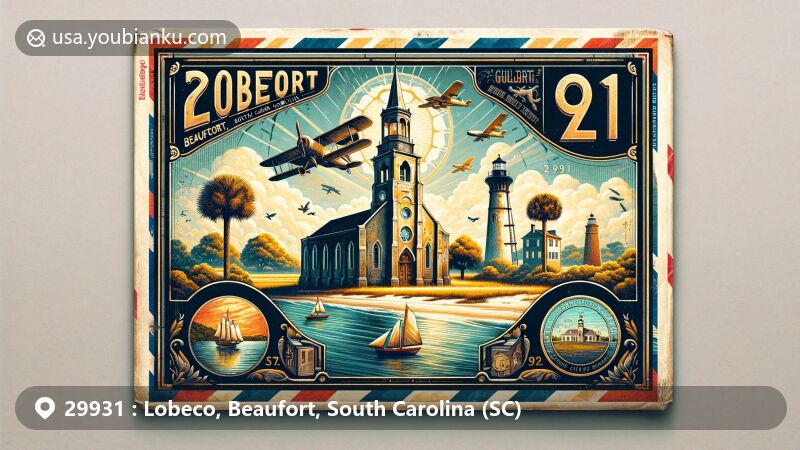 Modern illustration of Lobeco, Beaufort, South Carolina, featuring vintage airmail envelope with key landmarks like Old Sheldon Church and Hunting Island Lighthouse, showcasing Beaufort's history and natural beauty, and subtle references to Gullah culture.
