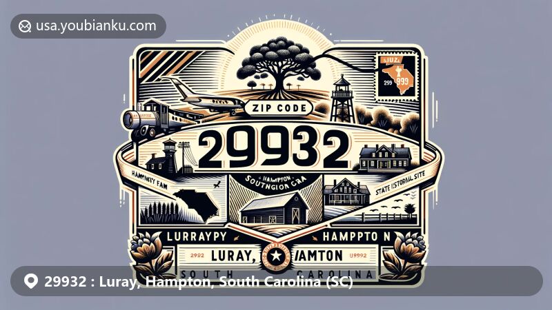Modern digital illustration of Luray, Hampton in South Carolina with ZIP code 29932, featuring postal theme resembling an airmail envelope or postcard, showcasing local landmarks like Hampton County silhouette, Beebop Farm, Washington Oak, and postal elements like vintage stamp and mailbox.