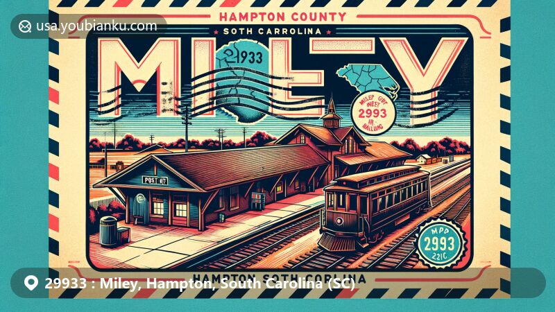 Modern illustration of Miley, Hampton County, South Carolina, featuring Miley Train Depot, Miley Post Office, and Hampton County outline, with stylized postal stamp, vintage trolley, and ZIP code 29933.