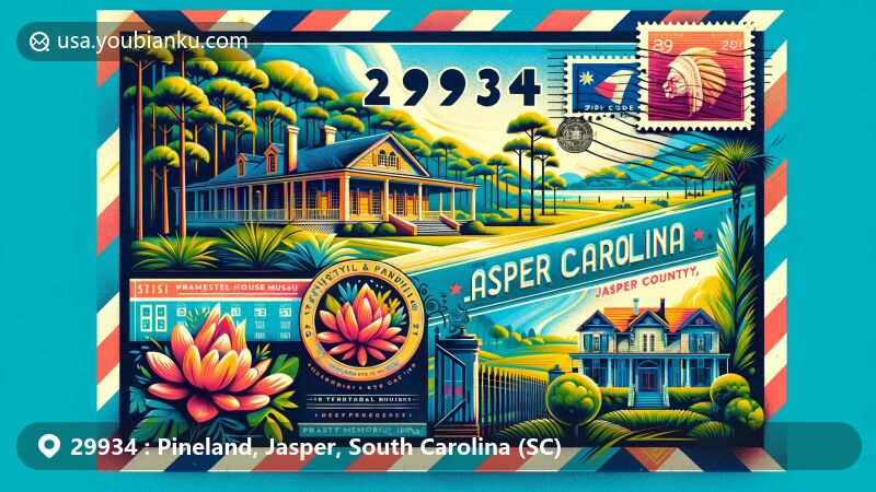 Vibrant illustration of Pineland, Jasper County, South Carolina, resembling an airmail envelope with iconic landmarks including Cypress Plantation, Frampton House Museum, and Pratt Memorial Library.
