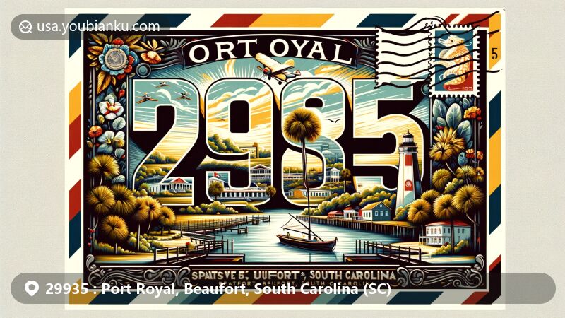 Modern illustration of Port Royal and Beaufort, South Carolina, highlighting ZIP Code 29935, featuring Beaufort River, Spanish Moss Trail, Historic Port Royal Foundation & Museum, and airmail-themed border with South Carolina state flag stamp and 'Port Royal, SC' postmark.