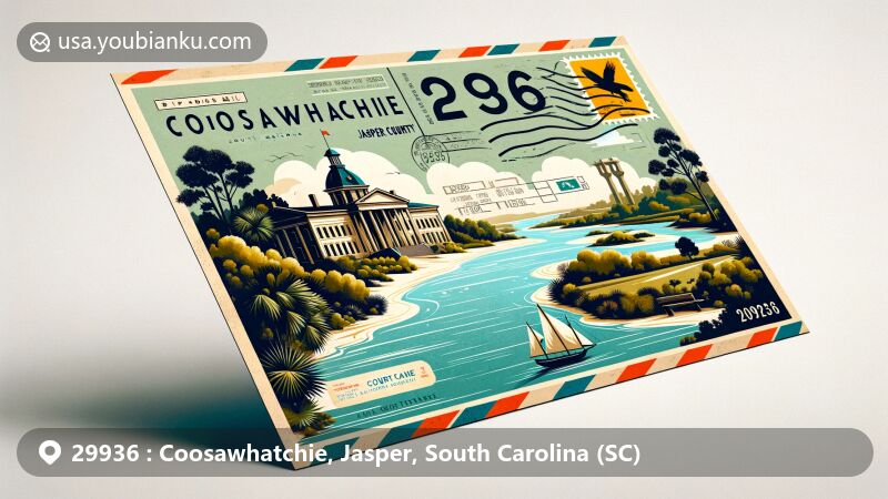Modern illustration of Coosawhatchie, Jasper County, South Carolina, featuring Coosawhatchie River, historic courthouse silhouette, and vintage airmail design with ZIP code 29936.