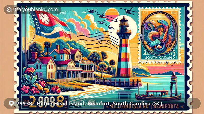Modern illustration of Hilton Head Island, Beaufort, South Carolina, representing ZIP code 29938 with vibrant postcard design, featuring Harbour Town Lighthouse, Lowcountry landscape, South Carolina state flag, Beaufort County outline, Gullah culture, and artistic postal elements.