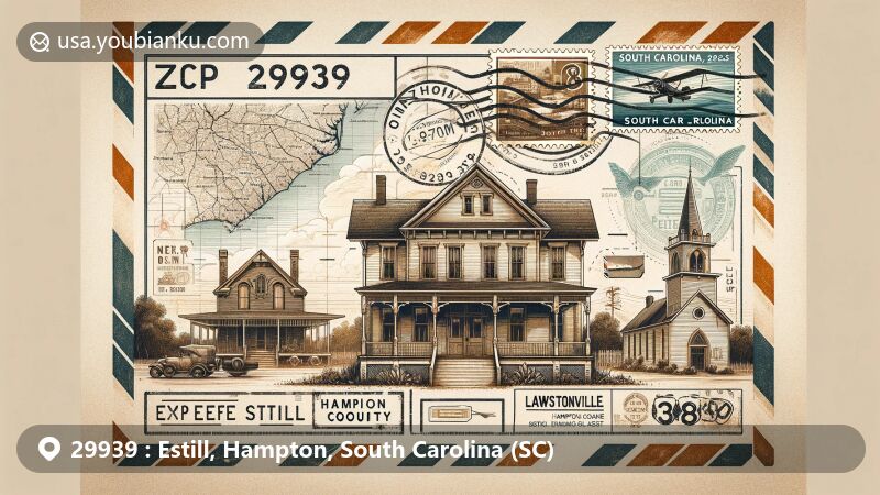 Modern illustration of Estill, Hampton, South Carolina, capturing postal theme with vintage airmail envelope and historical landmarks like John Lawton House and Lawtonville Baptist Church.