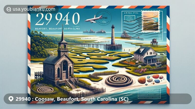 Modern illustration of Coosaw and Beaufort in South Carolina, showcasing local landmarks like Old Sheldon Church and Shell Rings, with a map of Beaufort's Historic District, surrounded by Lowcountry marshlands.