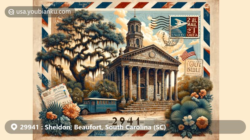 Modern illustration of Sheldon, Beaufort, South Carolina, showcasing Old Sheldon Church Ruins in Greek Revival style with iconic columns and a grand oak tree draped in Spanish moss.
