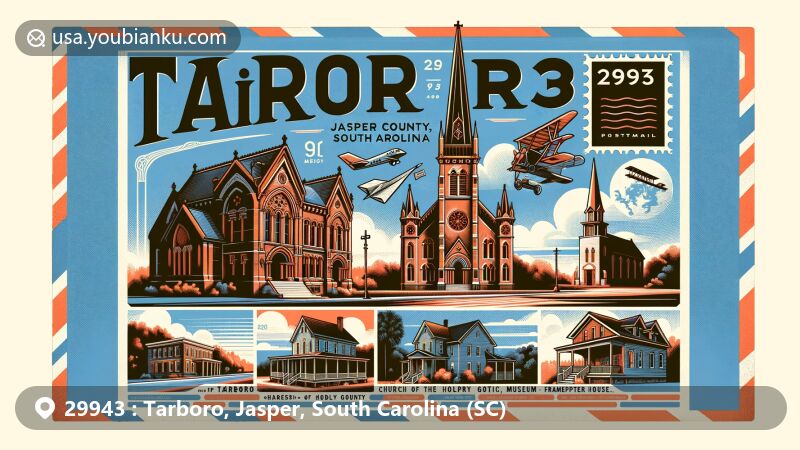 Modern illustration of Tarboro, Jasper County, South Carolina, showcasing postal theme with ZIP code 29943, featuring Pratt Memorial Library, Church of the Holy Trinity, and Frampton House Museum.