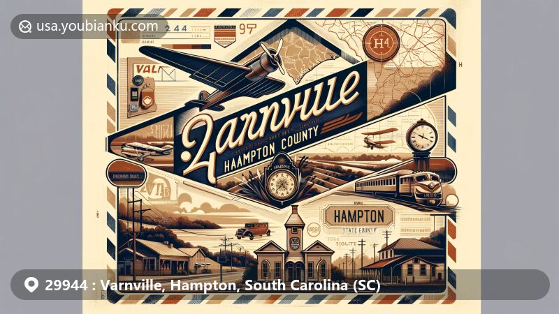 Modern illustration of Varnville, Hampton County, South Carolina, with a vintage airmail envelope showcasing ZIP code 29944, Varnville Train Depot, Hampton town clock, and Lake Warren State Park.